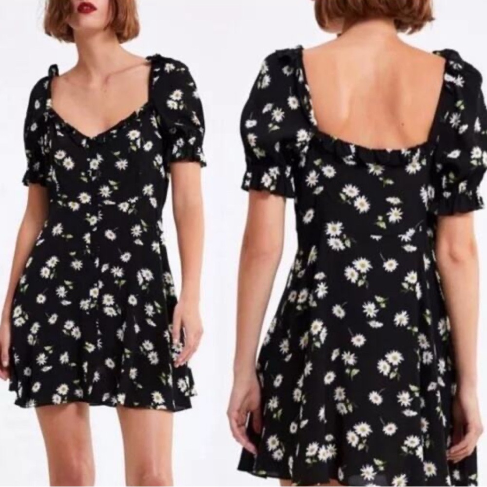 Zara Black Floral Daisy Print Mini Dress